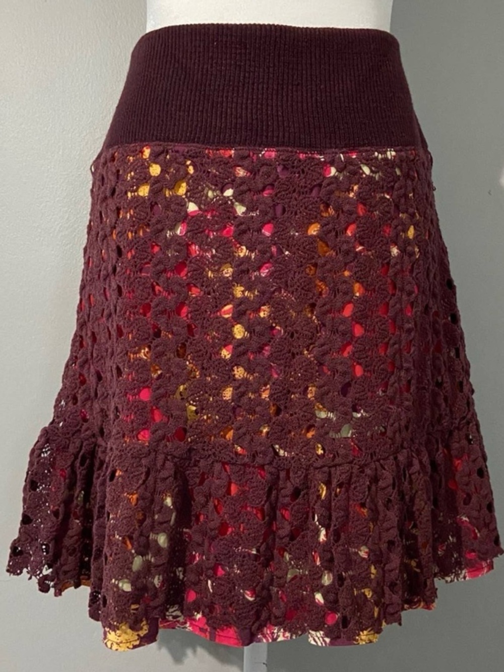 Free People Burgundy Crochet Overlay Ruffle Hem Skirt with Floral Underlayer